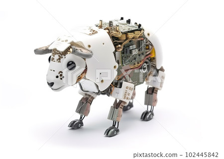 Image of a sheep modified into a robot on a white background. Wild animal. Illustration, Generative AI. Image of a sheep modified into a robot on a white background. Wild animal. Illustration, Generative AI. 102445842