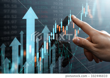 Stock price rise and stock market data. A hand pointing to a chart. Numerous upward arrows. 102446810