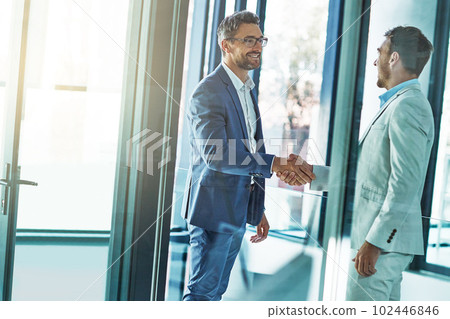 Glad to be working together. two businessmen shaking hands in an office. 102446846