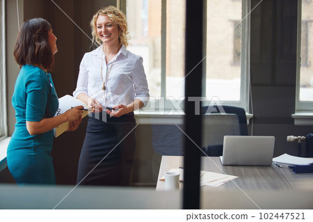 Theyve got a mutual respect for each other. two businesswomen having a discussion in an office. Theyve got a mutual respect for each other. two businesswomen having a discussion in an office. 102447521
