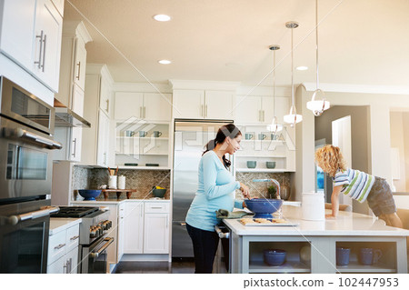 Please add extra chocolate chips to the cookies, Mom. a little boy watching his mother bake cookies at home. Please add extra chocolate chips to the cookies, Mom. a little boy watching his mother bake cookies at home. 102447953
