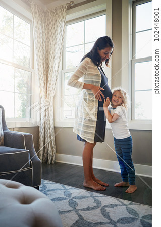 Theyre both counting the days until they meet the baby. a little boy pressing his ear to his mothers pregnant stomach at home. Theyre both counting the days until they meet the baby. a little boy pressing his ear to his mothers pregnant stomach at home. 102448001