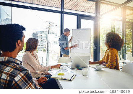 Hes the kind of leader people choose to follow. a businessman giving a presentation to coworkers in a boardroom meeting. 102448029