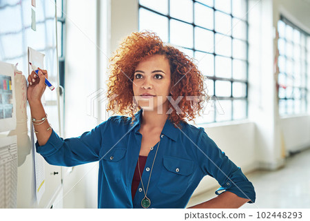 The ideas are about to flow. a designer brainstorming on a whiteboard in an office. 102448293