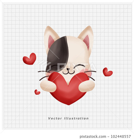 Cute kawaii little cat holding heart. valentine's day. Doodle draw cartoon vector illustration. 102448557