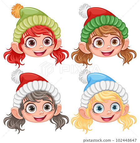 Cute Girl in Winter Hat with Pom Pom Cartoon Character 102448647