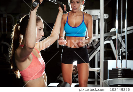 You can do this. a young woman working out at the gym with her friend encouraging her. You can do this. a young woman working out at the gym with her friend encouraging her. 102449256