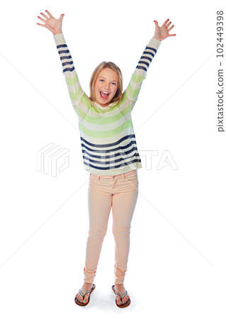 Hurray for kids. Studio shot of a young girl cheering enthusiastically against a white background. Hurray for kids. Studio shot of a young girl cheering enthusiastically against a white background. 102449398