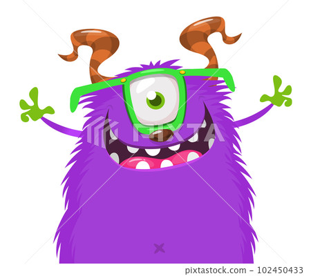 Funny cartoon smiling monster character pop up and waving hands. Illustration of happy alien. Halloween party design. Vector isolated Funny cartoon smiling monster character pop up and waving hands. Illustration of happy alien. Halloween party design. Vector isolated 102450433