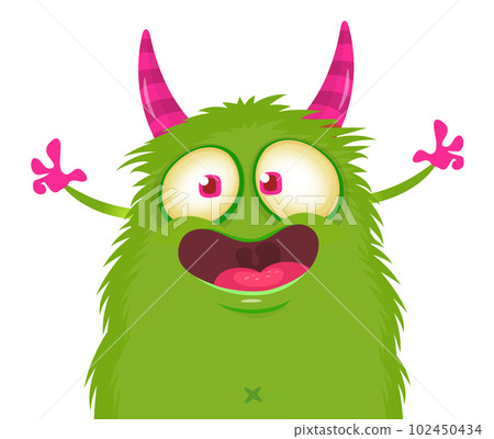 Funny cartoon smiling monster character pop up and waving hands. Illustration of happy alien. Halloween party design. Vector isolated Funny cartoon smiling monster character pop up and waving hands. Illustration of happy alien. Halloween party design. Vector isolated 102450434
