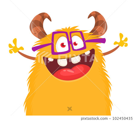 Funny cartoon smiling monster character pop up and waving hands. Illustration of happy alien. Halloween party design. Vector isolated Funny cartoon smiling monster character pop up and waving hands. Illustration of happy alien. Halloween party design. Vector isolated 102450435