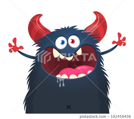 Funny cartoon smiling monster character pop up and waving hands. Illustration of happy alien. Halloween party design. Vector isolated Funny cartoon smiling monster character pop up and waving hands. Illustration of happy alien. Halloween party design. Vector isolated 102450436