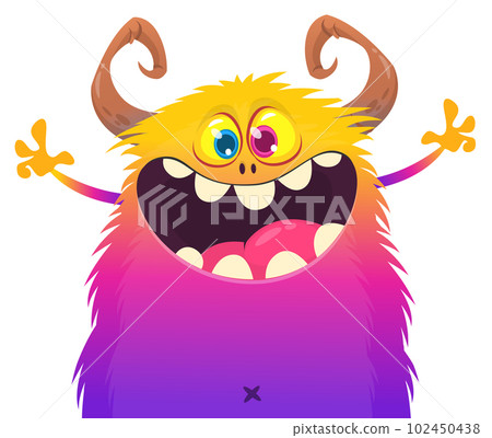Funny cartoon smiling monster character pop up and waving hands. Illustration of happy alien. Halloween party design. Vector isolated Funny cartoon smiling monster character pop up and waving hands. Illustration of happy alien. Halloween party design. Vector isolated 102450438