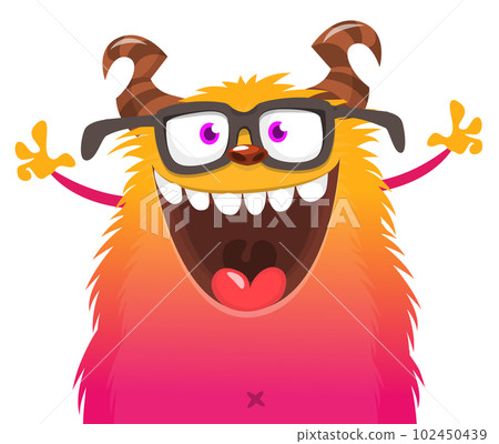 Funny cartoon smiling monster character pop up and waving hands. Illustration of happy alien. Halloween party design. Vector isolated Funny cartoon smiling monster character pop up and waving hands. Illustration of happy alien. Halloween party design. Vector isolated 102450439