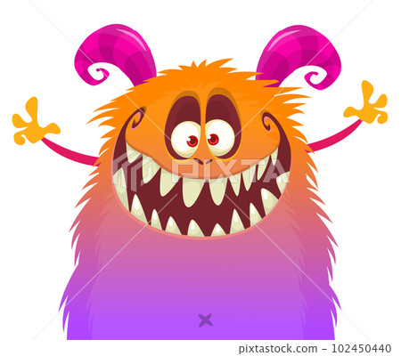 Funny cartoon smiling monster character pop up and waving hands. Illustration of happy alien. Halloween party design. Vector isolated Funny cartoon smiling monster character pop up and waving hands. Illustration of happy alien. Halloween party design. Vector isolated 102450440