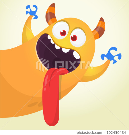 Funny cartoon smiling monster character. Illustration of cute and happy mythical alien. Vector isolated 102450484