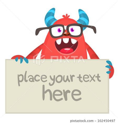 Funny cartoon monster character holding blank paper sheet or board for text. Illustration of happy alien creature. Halloween party design 102450497
