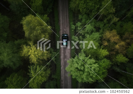 Bird's eye view of a red car driving on a scenic road through a lush green forest. Perfect for travel, nature, or adventure-themed projects. AI Generative. 102450562