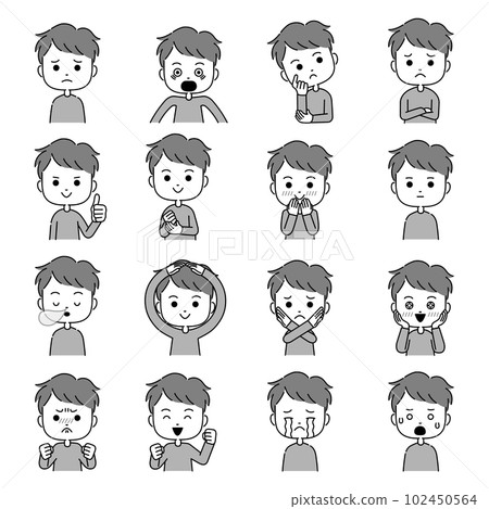 Illustrations of men with various facial expressions with gestures monochrome 102450564