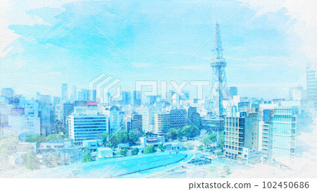 [Aichi Prefecture] Watercolor painting of Oasis 21 and TV tower in Nagoya city 102450686