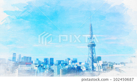[Aichi Prefecture] Watercolor painting of Oasis 21 and TV tower in Nagoya city 102450687
