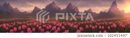 A field of tulips against the backdrop of mountains. Spring banner vector illustration. huge field of colorful tulips. Behind the field is a mountain range. Sunset. clouds of orange 102451497