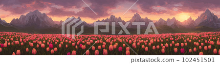 A field of tulips against the backdrop of mountains. Spring banner vector illustration. huge field of colorful tulips. Behind the field is a mountain range. Sunset. clouds of orange 102451501
