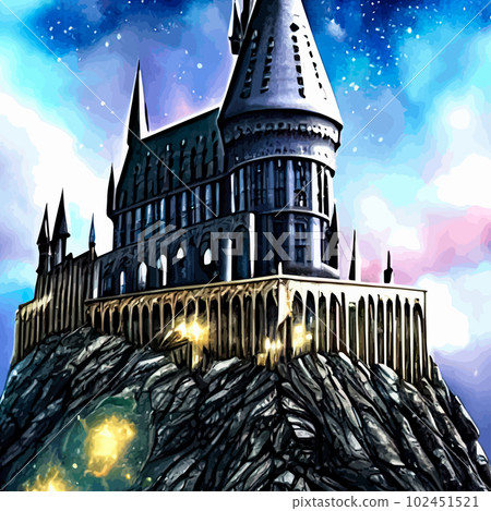 Cartoon castle on a hill in rainy weather. Landscape of a fairy kingdom in the moonlight at night. Medieval palace with towers, stream, trees, a field and a bridge with a road to the Royal Castle. 102451521