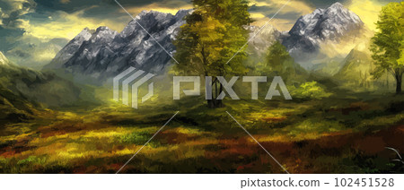 Wild natural landscape with mountains, coniferous forest with copy space. Great travel advertising, brochures, labels. Vector banner illustration. Idyllic amazing landscapes nature. beautiful season Wild natural landscape with mountains, coniferous forest with copy space. Great travel advertising, brochures, labels. Vector banner illustration. Idyllic amazing landscapes nature. beautiful season 102451528