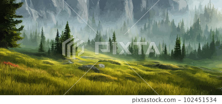 Vector horizontal landscape with fog, forest, mountains, morning sunlight. Illustration panoramic view, fogs silhouettes. Nice wallpaper, background, banner, cover, poster. natural clean landscape 102451534