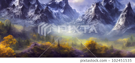 Wild natural landscape with mountains, coniferous forest with copy space. Great travel advertising, brochures, labels. Vector banner illustration. Idyllic amazing landscapes nature. beautiful season Wild natural landscape with mountains, coniferous forest with copy space. Great travel advertising, brochures, labels. Vector banner illustration. Idyllic amazing landscapes nature. beautiful season 102451535