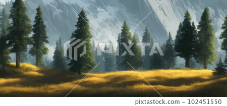 Vector horizontal landscape with fog, forest, mountains, morning sunlight. Illustration panoramic view, fogs silhouettes. Nice wallpaper, background, banner, cover, poster. natural clean landscape 102451550