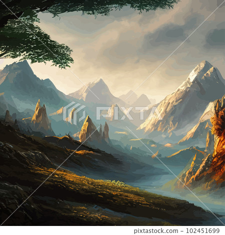 Mountain landscape. Mountain landscape. Vector illustration. Abstract background. Fantasy theme morning landscape, sunrise mountains. landscape with blue mountains silhouettes with fog cold sunlight 102451699