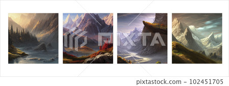 Mountain landscape. Mountain landscape. Vector illustration. Abstract background. Fantasy theme morning landscape, sunrise mountains. landscape with blue mountains silhouettes with fog cold sunlight Mountain landscape. Mountain landscape. Vector illustration. Abstract background. Fantasy theme morning landscape, sunrise mountains. landscape with blue mountains silhouettes with fog cold sunlight 102451705