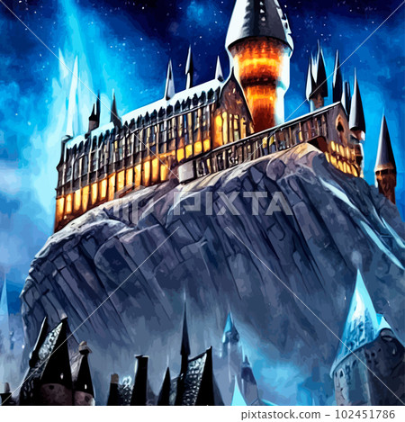 Cartoon castle on a hill in rainy weather. Landscape of a fairy kingdom in the moonlight at night. Medieval palace with towers, stream, trees, a field and a bridge with a road to the Royal Castle. 102451786