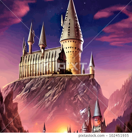 Cartoon castle on a hill in rainy weather. Landscape of a fairy kingdom in the moonlight at night. Medieval palace with towers, stream, trees, a field and a bridge with a road to the Royal Castle. 102451935