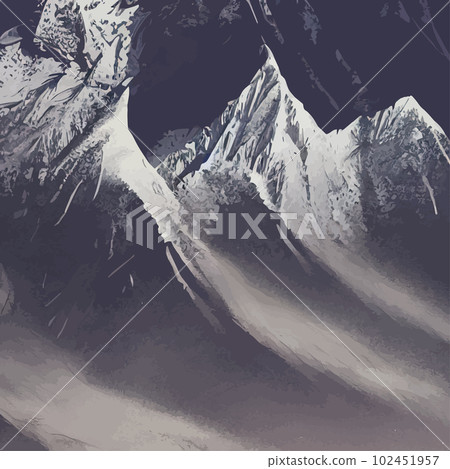 Mountain landscape. Mountain landscape. Vector illustration. Abstract background. Fantasy theme morning landscape, sunrise mountains. landscape with blue mountains silhouettes with fog cold sunlight 102451957