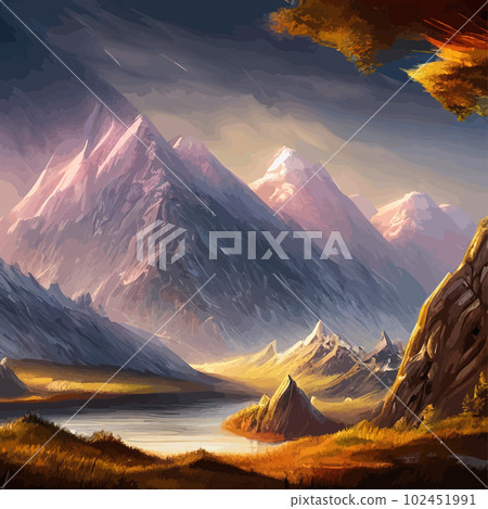 Mountain landscape. Mountain landscape. Vector illustration. Abstract background. Fantasy theme morning landscape, sunrise mountains. landscape with blue mountains silhouettes with fog cold sunlight 102451991