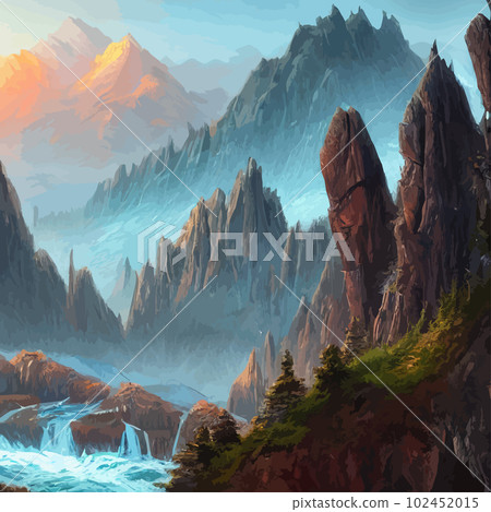 Mountain mature silhouette element outdoor icon snowy ice peaks and decorative, Realistic illustration of mountain landscape with hill and forest with coniferous trees Mountain mature silhouette element outdoor icon snowy ice peaks and decorative, Realistic illustration of mountain landscape with hill and forest with coniferous trees 102452015