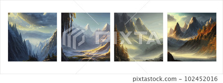 Mountain landscape. Mountain landscape. Vector illustration. Abstract background. Fantasy theme morning landscape, sunrise mountains. landscape with blue mountains silhouettes with fog cold sunlight Mountain landscape. Mountain landscape. Vector illustration. Abstract background. Fantasy theme morning landscape, sunrise mountains. landscape with blue mountains silhouettes with fog cold sunlight 102452016