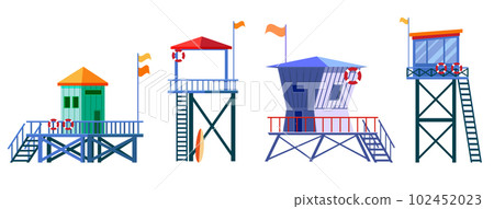 Set of Lifeguard Tower icons. Station beach building Set of Lifeguard Tower icons. Station beach building 102452023