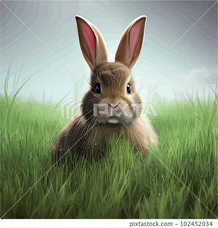 Cute little rabbit for Easter spring holiday , Vector spring holiday .Easter landscape , Wildlife forest, park, meadow and farm animals. Nice rabbit sitting on the meadow grass grass 102452034