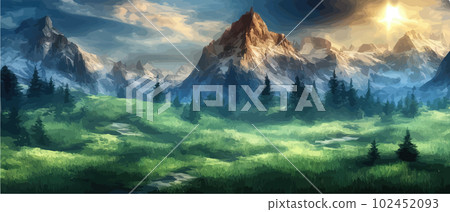 Fantasy epic magic mountain landscape. Mystical winter valley valley , Panoramic view of big mountains . Mountains landscape. Rural nature background. hills horizon 102452093