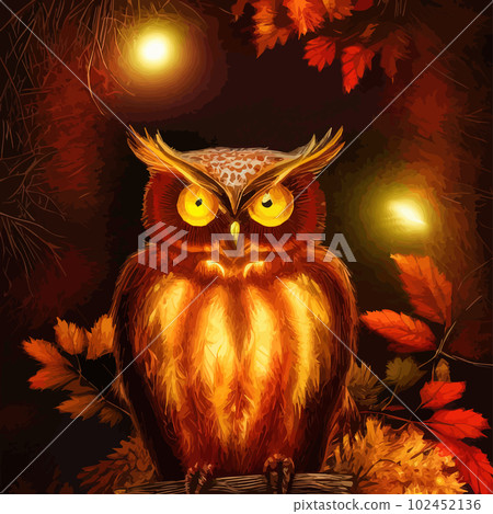 Beautiful hand drawn owl in the forest. wise bird dressed in retro. Forest animals concept. Wild bird illustration. Magic wise owl with flowers artwork for poster, print, card. 102452136