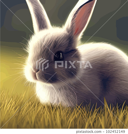 Cute little rabbit for Easter spring holiday , Vector spring holiday .Easter landscape , Wildlife forest, park, meadow and farm animals. Nice rabbit sitting on the meadow grass grass 102452149