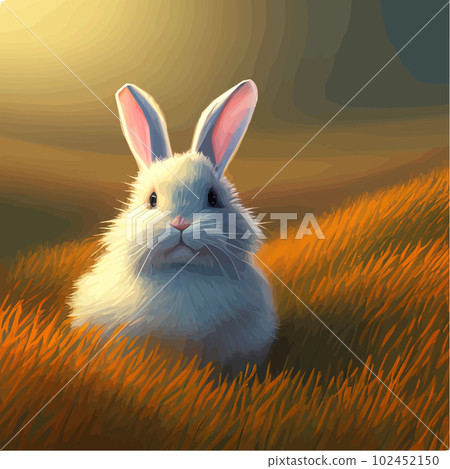 Cute little rabbit for Easter spring holiday , Vector spring holiday .Easter landscape , Wildlife forest, park, meadow and farm animals. Nice rabbit sitting on the meadow grass grass 102452150
