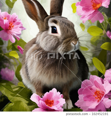 Happy Easter, cute beautiful Easter Bunny in a sunny meadow in flowers decorated Easter card, greeting card. in pastel colors. Modern minimal style. Spring flower illustration. 102452191