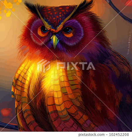 Beautiful hand drawn owl in the forest. wise bird dressed in retro. Forest animals concept. Wild bird illustration. Magic wise owl with flowers artwork for poster, print, card. 102452208