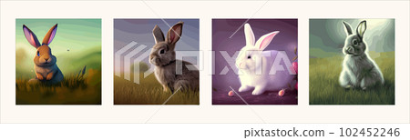 Cute little rabbit Easter spring holiday , Vector spring holiday .Easter landscape , Wildlife forest, park, meadow and farm animals. Nice rabbit sitting meadow grass grass, set of four illustrations Cute little rabbit Easter spring holiday , Vector spring holiday .Easter landscape , Wildlife forest, park, meadow and farm animals. Nice rabbit sitting meadow grass grass, set of four illustrations 102452246