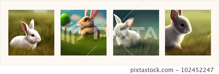 Cute little rabbit Easter spring holiday , Vector spring holiday .Easter landscape , Wildlife forest, park, meadow and farm animals. Nice rabbit sitting meadow grass grass, set of four illustrations Cute little rabbit Easter spring holiday , Vector spring holiday .Easter landscape , Wildlife forest, park, meadow and farm animals. Nice rabbit sitting meadow grass grass, set of four illustrations 102452247